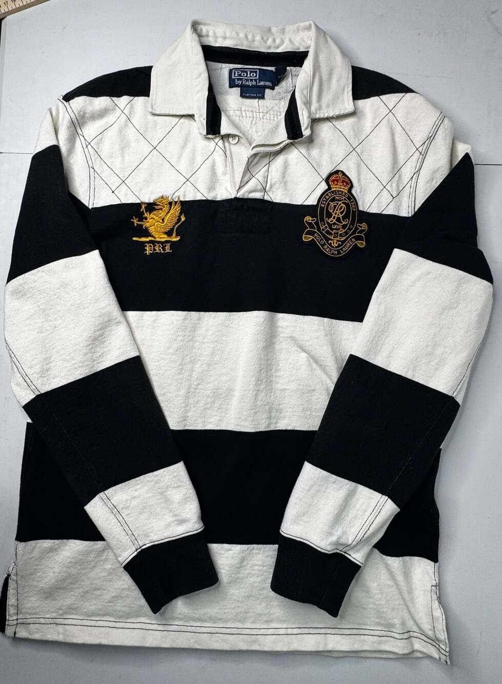Polo by Ralph Lauren Rugby Shirt Size M Black White Crest Custom Fit
